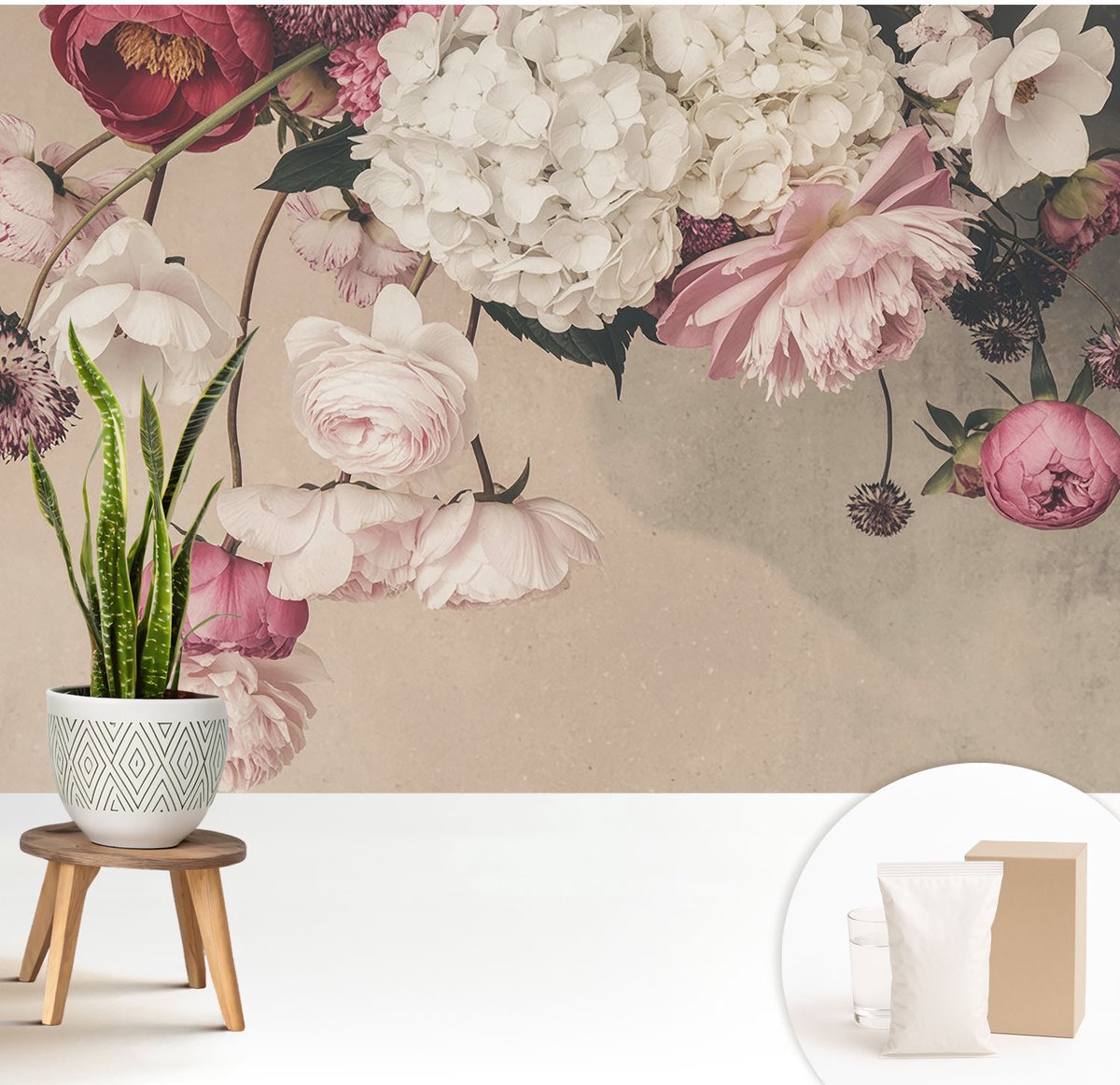 Wallfluent Fotobehang - Wit Vliesbehang - 208x146 cm - Romantische Bloemen Fotobehang Vlies - Hal behang Bloemen En Planten - Muurschildering - Hal behang