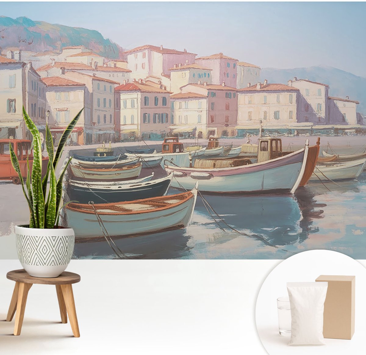 Wallfluent Fotobehang - Beige Vliesbehang - 208x146 cm - Haven Aan Zee Muurschildering - Gang behang Steden - Fotobehang Vlies - Slaapkamer behang