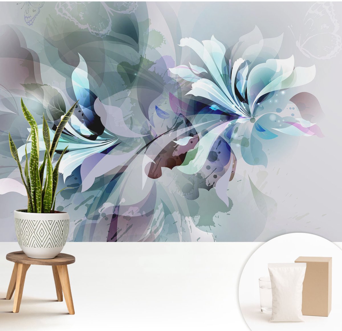 Wallfluent Fotobehang - Wit Vliesbehang - 208x146 cm - Bloemabstractie Fotobehang Vlies - Woonkamer behang Bloemen En Planten - Muurschildering - Woonkamer behang