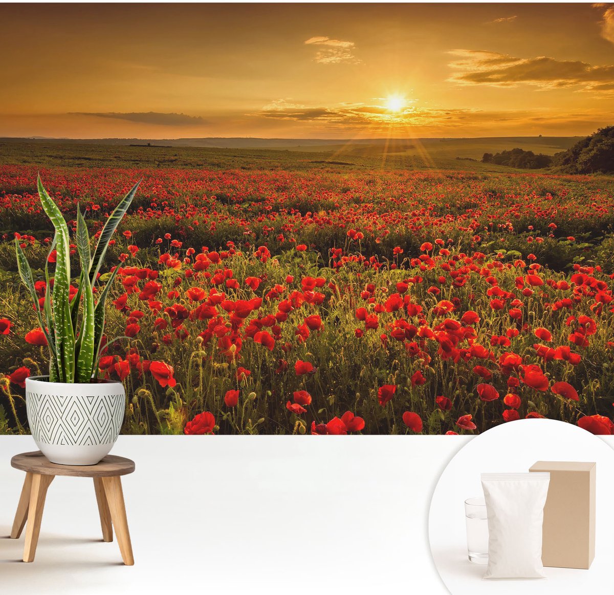 Wallfluent Fotobehang - Rood Vliesbehang - 208x146 cm - Papaverveld Fotobehang Vlies - Woonkamer behang Landschappen - Muurschildering - Woonkamer behang