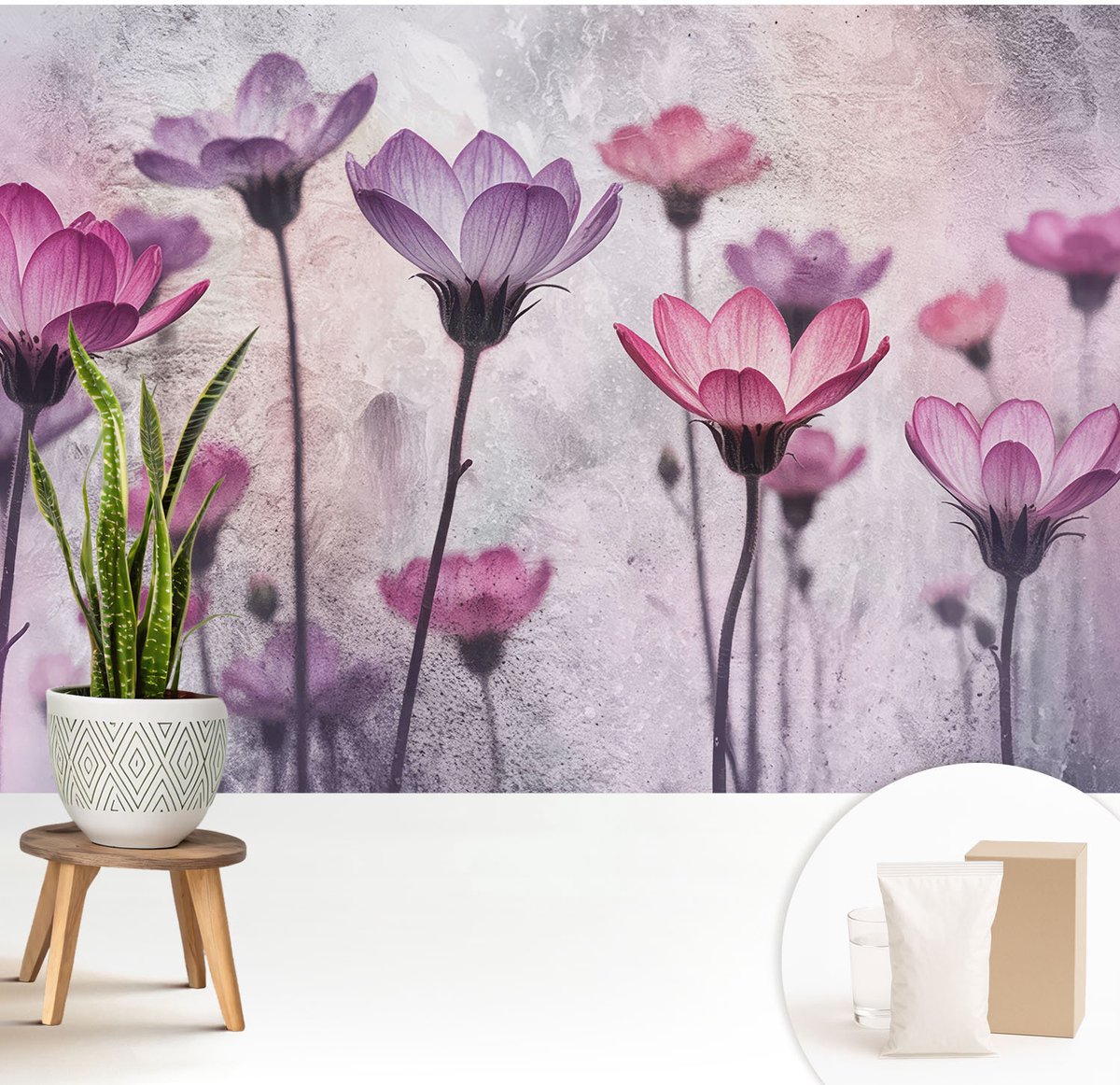 Wallfluent Fotobehang - Roze Vliesbehang - 208x146 cm - Pastelkleurige Bloemen Muurschildering - Gang behang Bloemen En Planten - Fotobehang Vlies - Slaapkamer behang