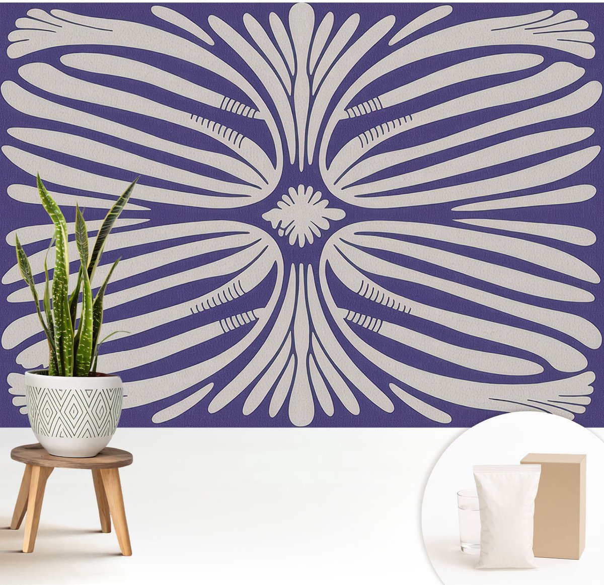 Wallfluent Fotobehang - Paars Vliesbehang - 208x146 cm - Bloemsymmetrie Muurschildering - Gang behang Abstractie - Fotobehang Vlies - Gang behang