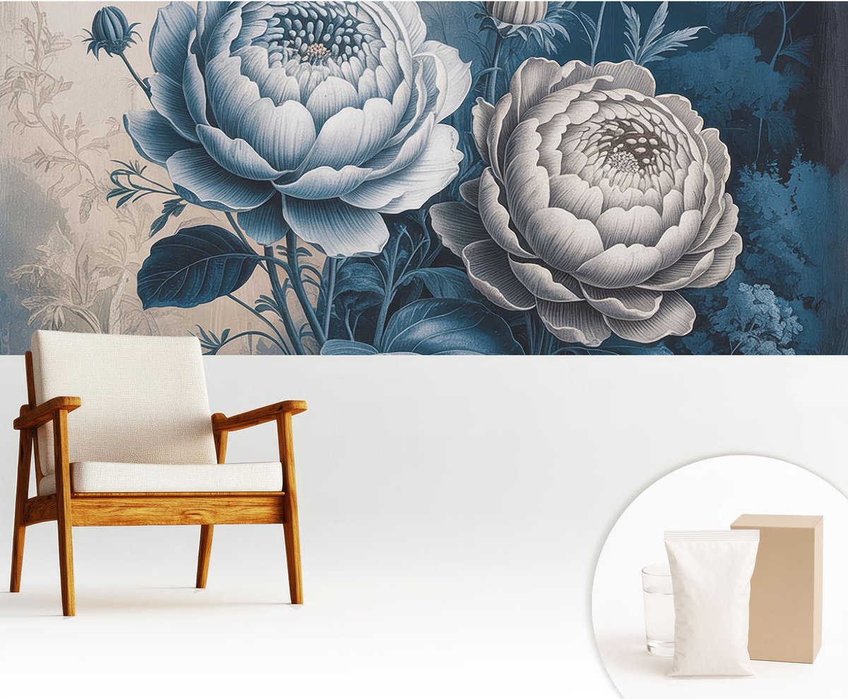 Wallfluent Fotobehang - Blauw Vliesbehang - 250x104 cm - Romantische Bloemen Fotobehang Vlies - Hal behang Bloemen En Planten - Muurschildering - Woonkamer behang