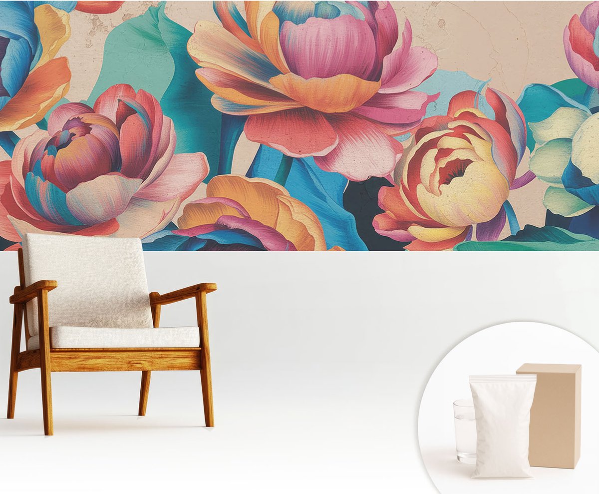 Wallfluent Fotobehang - Zwart Vliesbehang - 250x104 cm - Bloemenharmonie Fotobehang Vlies - Woonkamer behang Bloemen En Planten - Muurschildering - Woonkamer behang