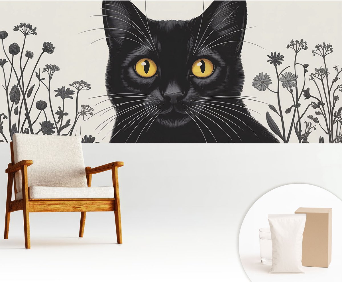 Wallfluent Fotobehang - Wit Vliesbehang - 250x104 cm - Kattenbloemen Fotobehang Vlies - Woonkamer behang Dieren - Muurschildering - Hal behang