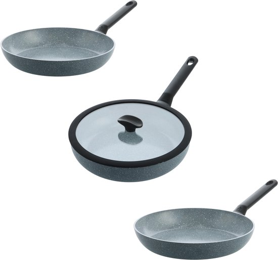 BK Blue Label Granite keramische antiaanbak pannenset 3-delig - Koekenpan 20//28cm en Hapjespan met deksel 28cm - PFAS-vrij - Inductie pannenset - Ovenbestendig tot 160°C - Vaatwasserbestendig - Snelle opwarming – Koudgrepen – Zonder deksel - Blauw