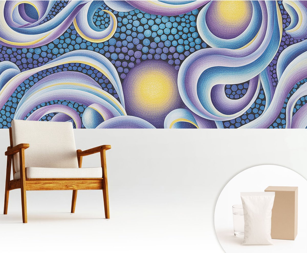 Wallfluent Fotobehang - Blauw Vliesbehang - 250x104 cm - Kleurrijke Wervelingen Muurschildering - Slaapkamer behang Abstractie - Fotobehang Vlies - Slaapkamer behang