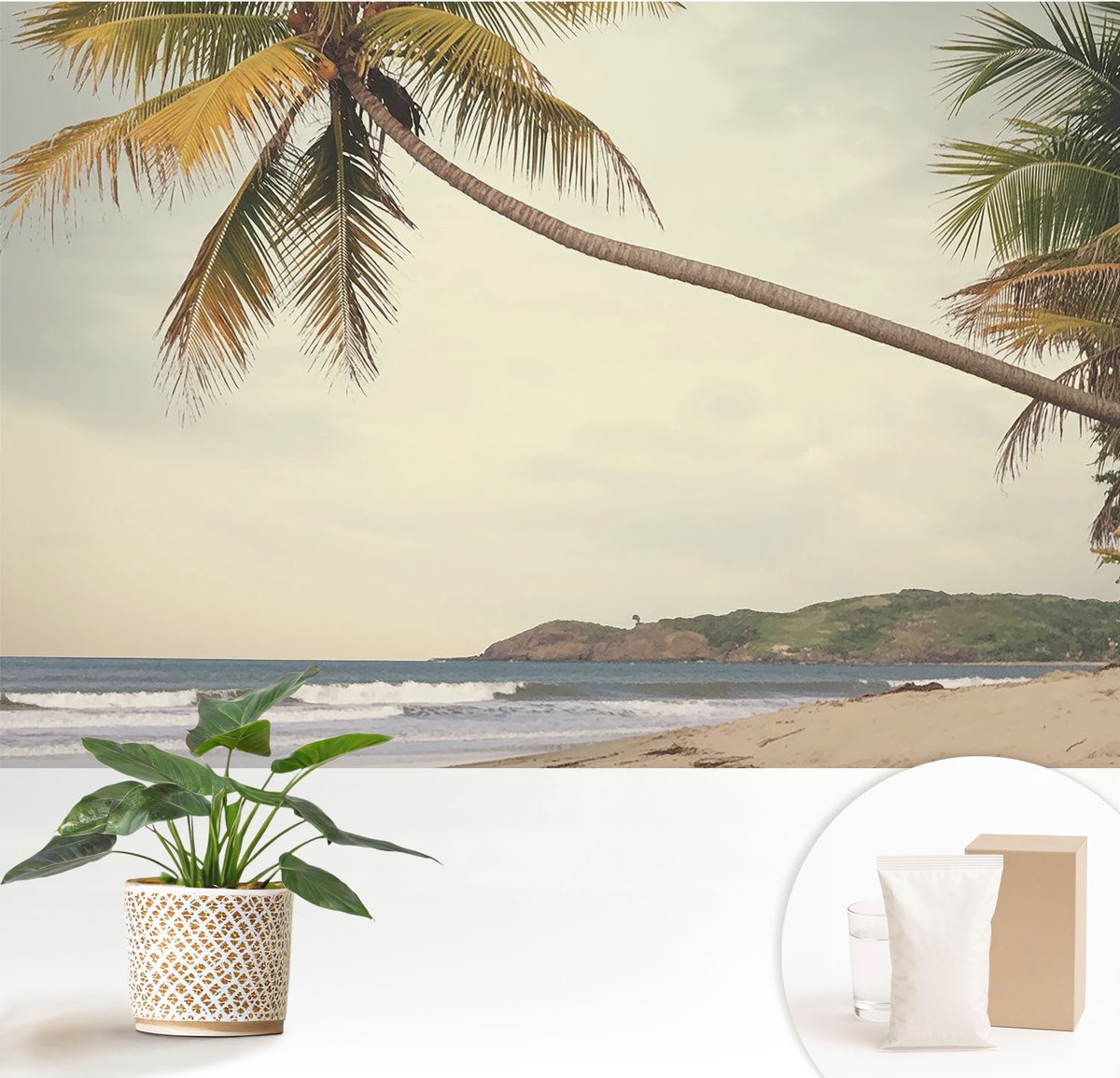 Wallfluent Fotobehang - Wit Vliesbehang - 152x104 cm - Tropisch Landschap Muurschildering - Gang behang Landschappen - Fotobehang Vlies - Gang behang