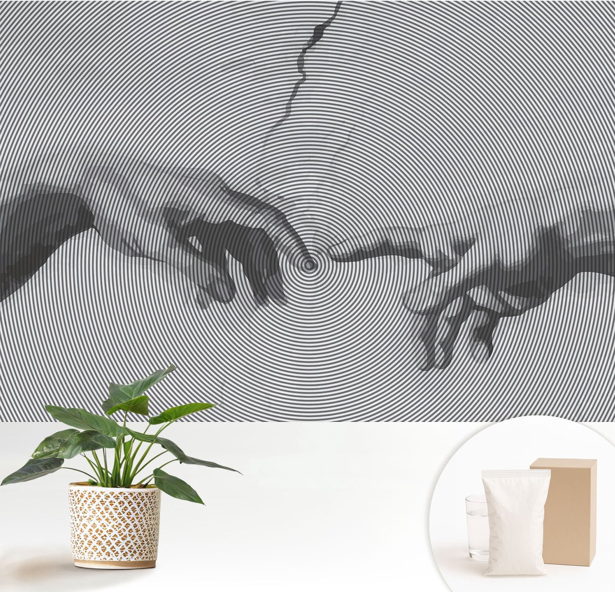 Wallfluent Fotobehang - Zwart-Wit Vliesbehang - 152x104 cm - Hypnotische Handen Fotobehang Vlies - Woonkamer behang Deel - Muurschildering - Hal behang
