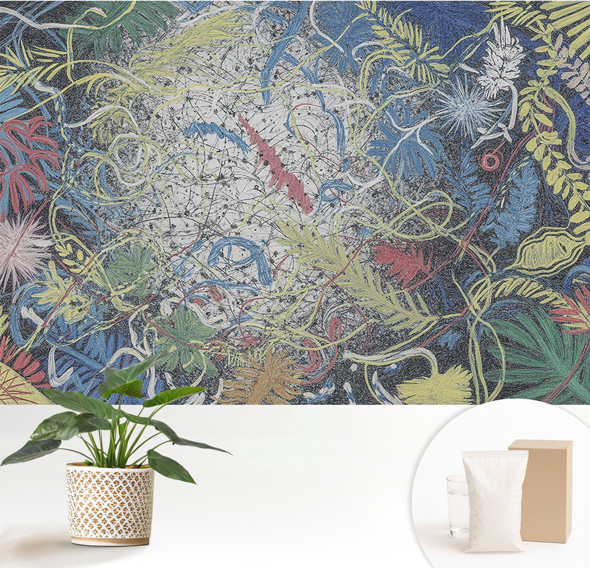 Wallfluent Fotobehang - Blauw Vliesbehang - 152x104 cm - Plantenwervels Muurschildering - Gang behang Abstractie - Fotobehang Vlies - Gang behang