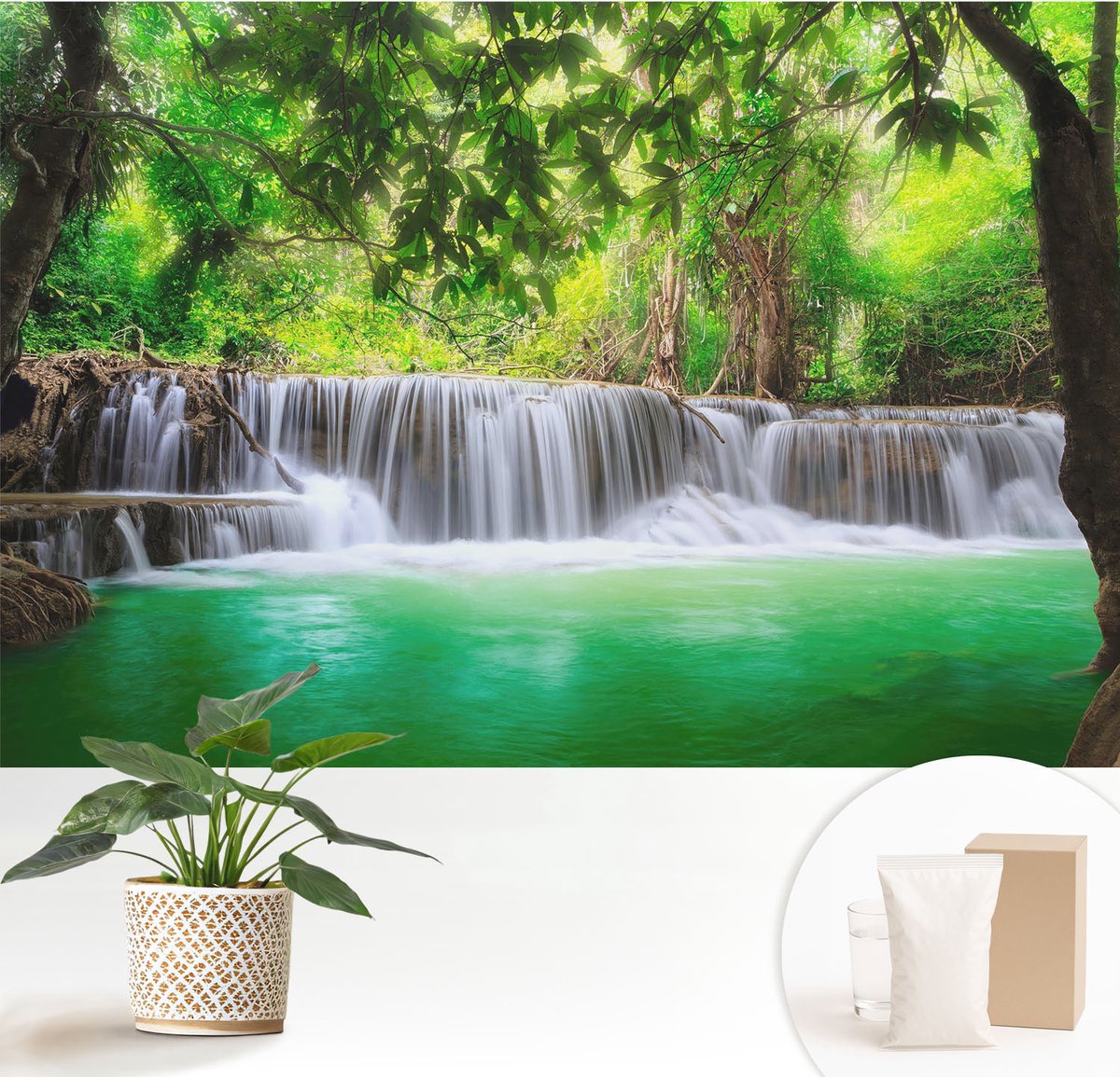 Wallfluent Fotobehang - Groente Vliesbehang - 152x104 cm - Boswaterval Muurschildering - Gang behang Landschappen - Fotobehang Vlies - Gang behang