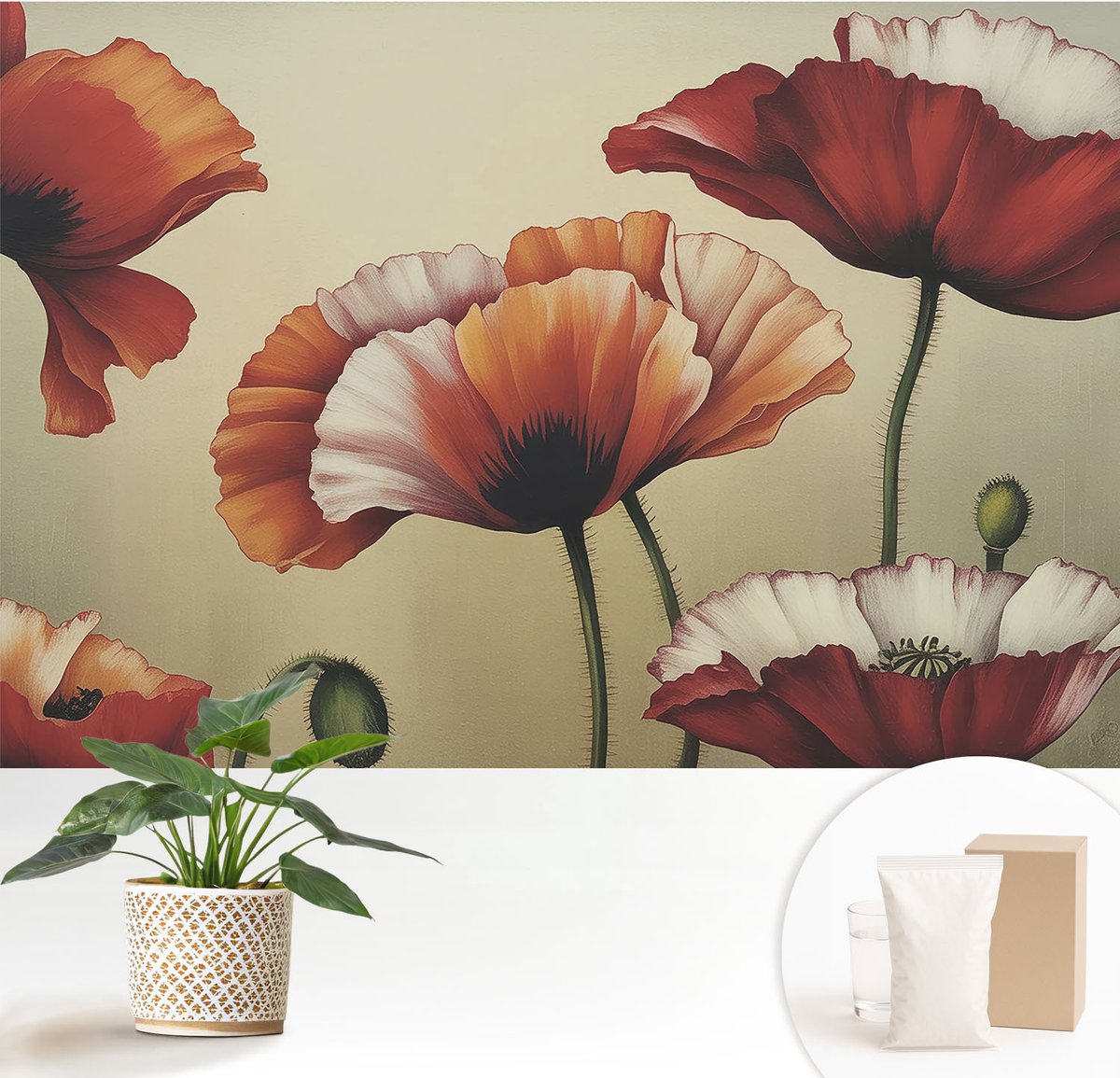 Wallfluent Fotobehang - Oranje Vliesbehang - 152x104 cm - Vrolijke Klaprozen Muurschildering - Gang behang Bloemen En Planten - Fotobehang Vlies - Slaapkamer behang
