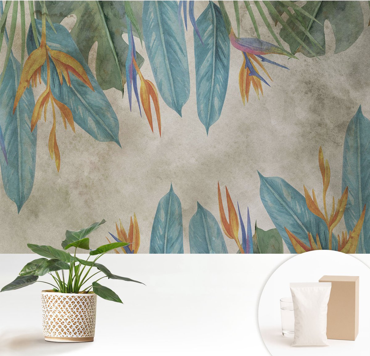 Wallfluent Fotobehang - Blauw Vliesbehang - 152x104 cm - Tropische Bloemen Fotobehang Vlies - Woonkamer behang Bloemen En Planten - Muurschildering - Woonkamer behang