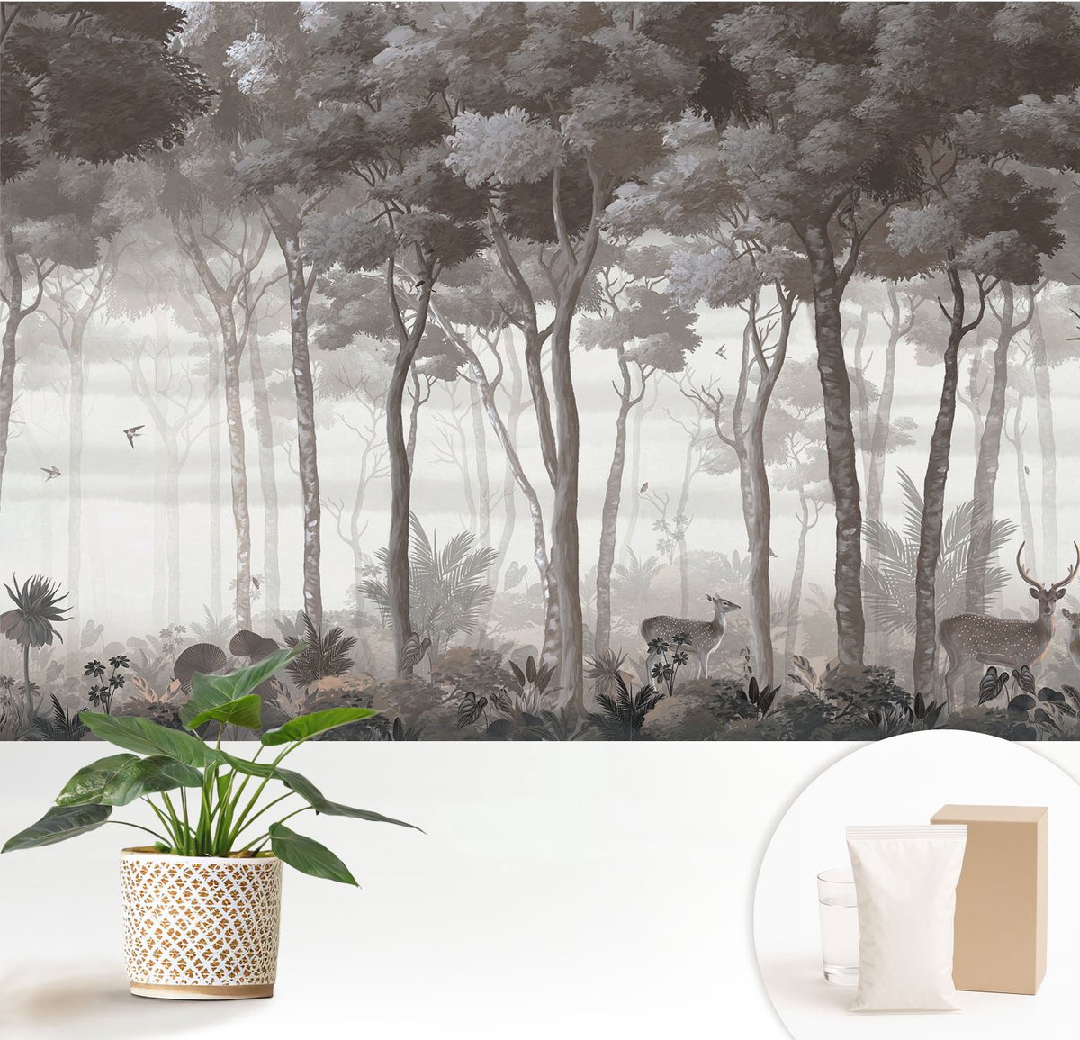 Wallfluent Fotobehang - Grijs Vliesbehang - 152x104 cm - Bosmagie Muurschildering - Slaapkamer behang Bloemen En Planten - Fotobehang Vlies - Slaapkamer behang