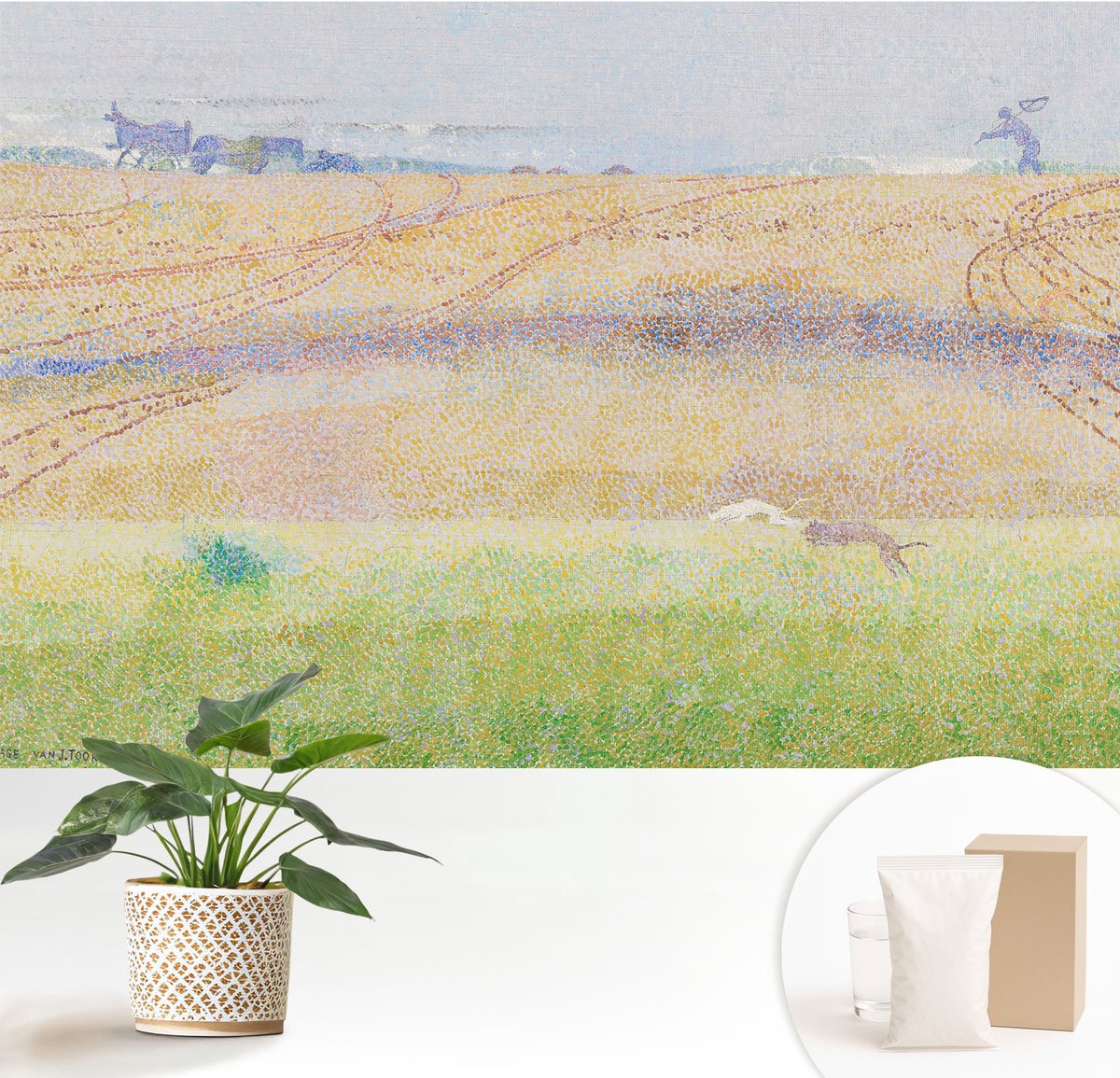 Wallfluent Fotobehang - Grijs Vliesbehang - 152x104 cm - Zomerveld Fotobehang Vlies - Hal behang Landschappen - Muurschildering - Woonkamer behang