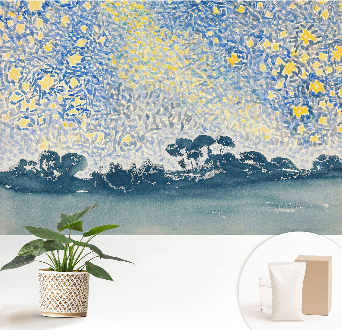 Wallfluent Fotobehang - Blauw Vliesbehang - 152x104 cm - Sterabstractie Fotobehang Vlies - Hal behang Landschappen - Muurschildering - Hal behang