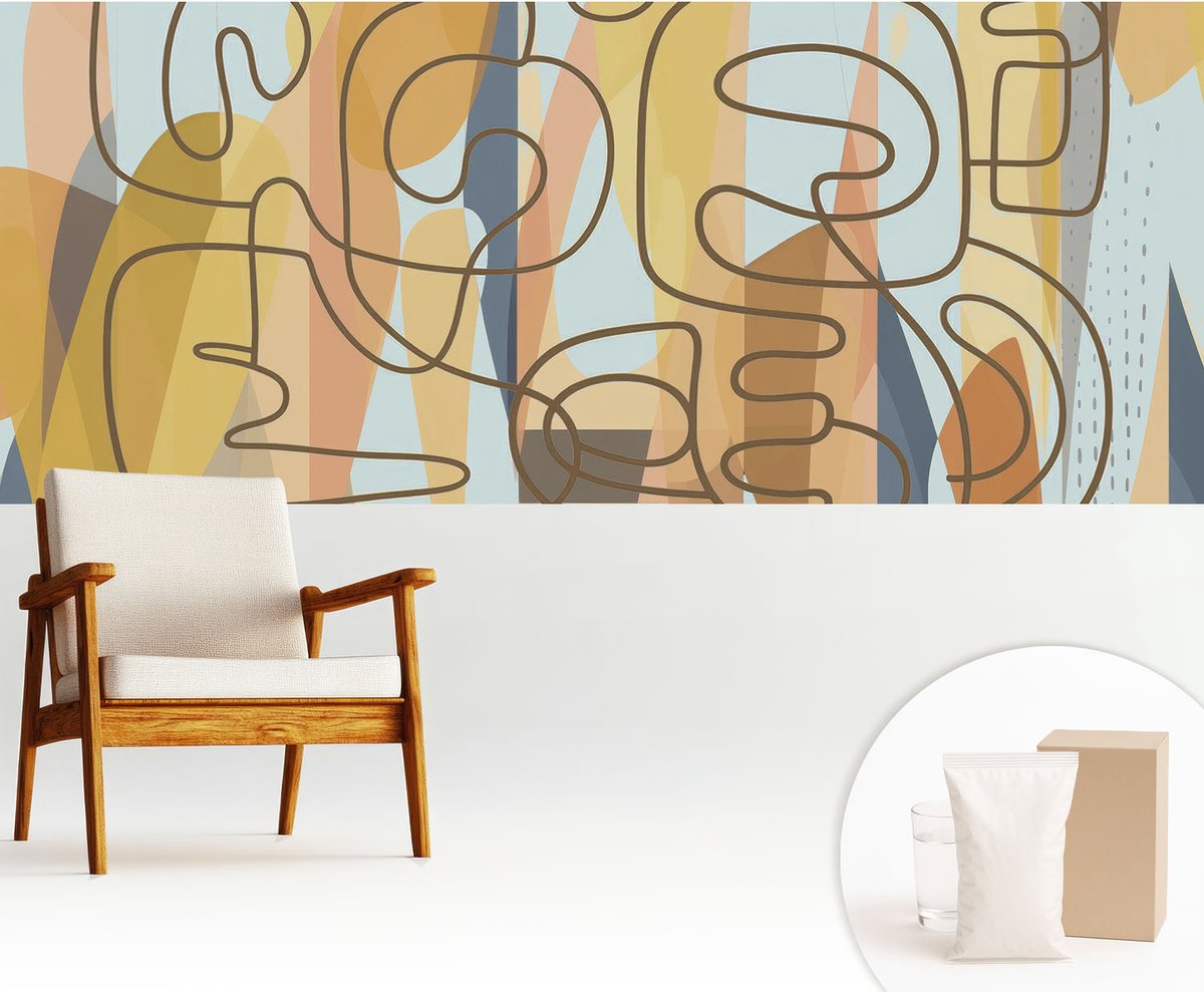 Wallfluent Fotobehang - Geel Vliesbehang - 250x104 cm - Abstracte Vormen Muurschildering - Slaapkamer behang Abstractie - Fotobehang Vlies - Slaapkamer behang
