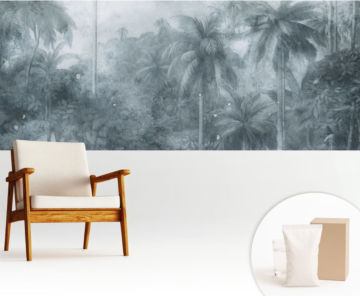 Wallfluent Fotobehang - Grijs Vliesbehang - 250x104 cm - Tropische Vegetatie Muurschildering - Gang behang Bloemen En Planten - Fotobehang Vlies - Slaapkamer behang