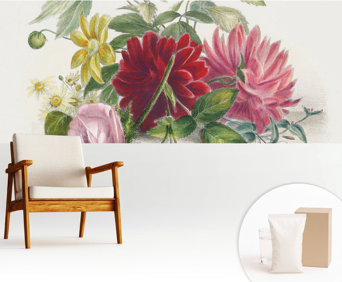 Wallfluent Fotobehang - Groente Vliesbehang - 250x104 cm - Bloemenboeket Fotobehang Vlies - Woonkamer behang Bloemen En Planten - Muurschildering - Hal behang