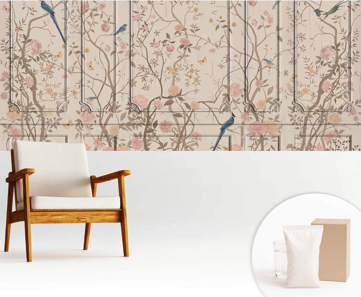 Wallfluent Fotobehang - Wit Vliesbehang - 250x104 cm - Vogels En Bloemen Fotobehang Vlies - Woonkamer behang Bloemen En Planten - Muurschildering - Woonkamer behang
