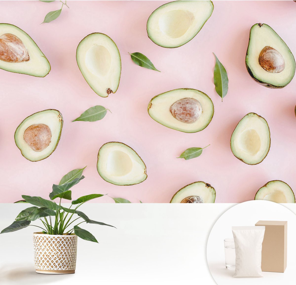 Wallfluent Fotobehang - Roze Vliesbehang - 152x104 cm - Samenstelling Van Avocado Muurschildering - Slaapkamer behang Voedsel - Fotobehang Vlies - Gang behang