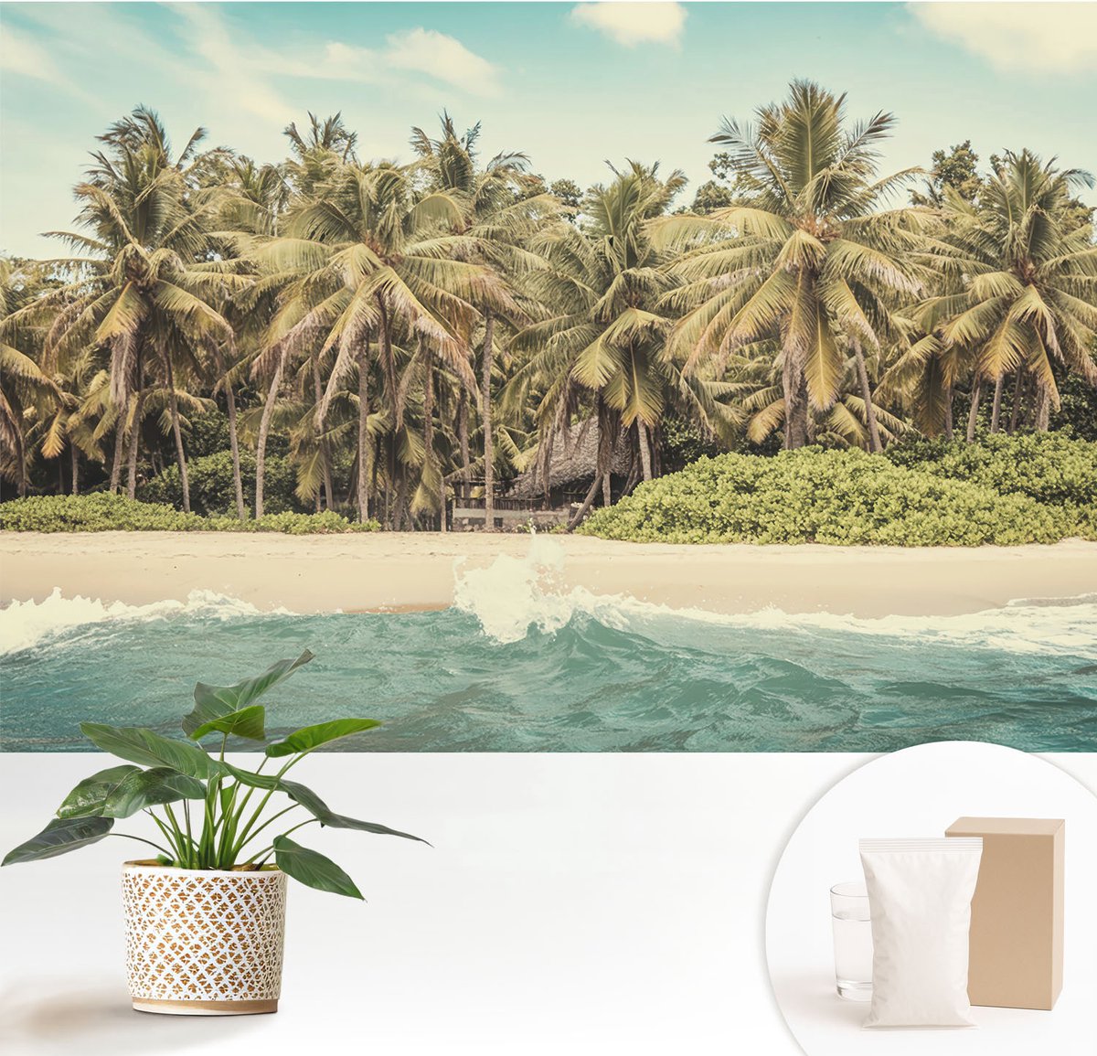 Wallfluent Fotobehang - Groente Vliesbehang - 152x104 cm - Tropisch Strand Muurschildering - Gang behang Landschappen - Fotobehang Vlies - Gang behang