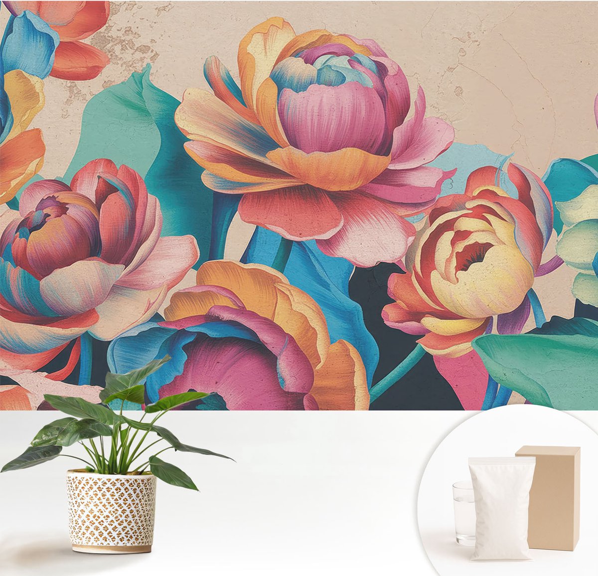 Wallfluent Fotobehang - Zwart Vliesbehang - 152x104 cm - Bloemenharmonie Fotobehang Vlies - Hal behang Bloemen En Planten - Muurschildering - Woonkamer behang