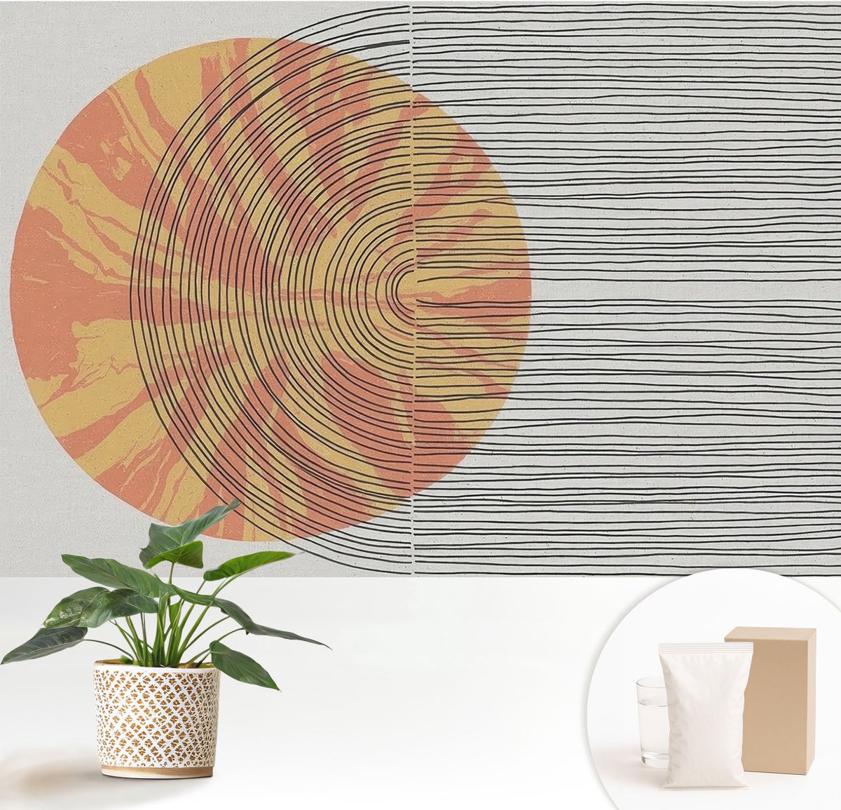 Wallfluent Fotobehang - Grijs Vliesbehang - 152x104 cm - Cirkel Met Lijnen Muurschildering - Gang behang Abstractie - Fotobehang Vlies - Slaapkamer behang