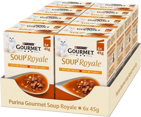 Doos met 6 pakjes Purina Gourmet Soup Royale kattenvoer, elk 45g. De voorkant toont een witte kat en een lepel soep met vleesblokjes.