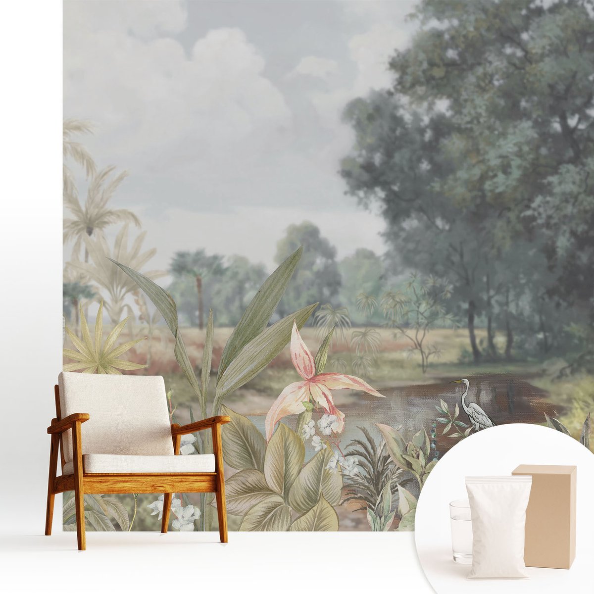 Wallfluent Fotobehang - Grijs Vliesbehang - 250x250 cm - Exotisch Landschap Muurschildering - Gang behang Bloemen En Planten - Fotobehang Vlies - Gang behang