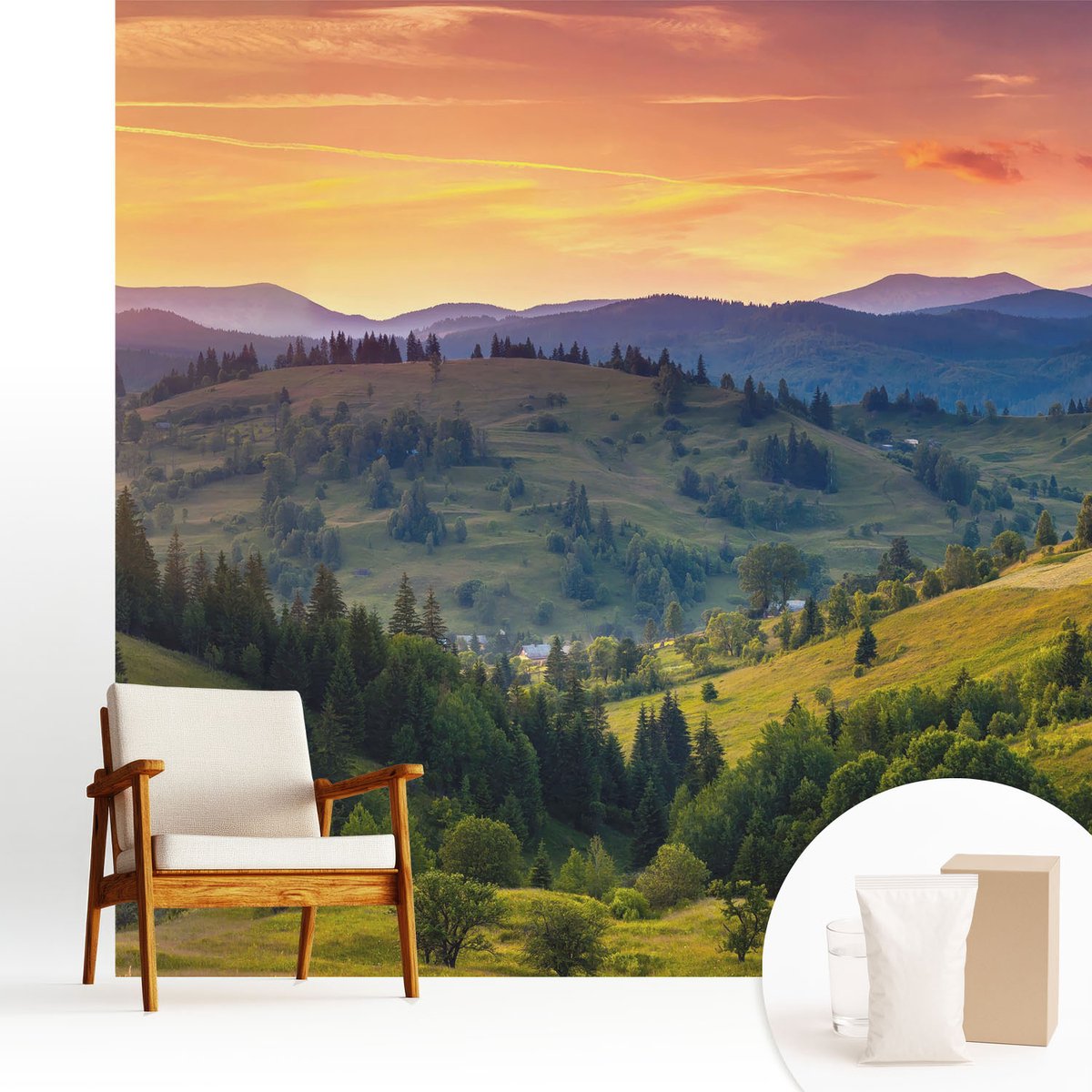 Wallfluent Fotobehang - Geel Vliesbehang - 250x250 cm - Berglandschap Muurschildering - Slaapkamer behang Landschappen - Fotobehang Vlies - Gang behang