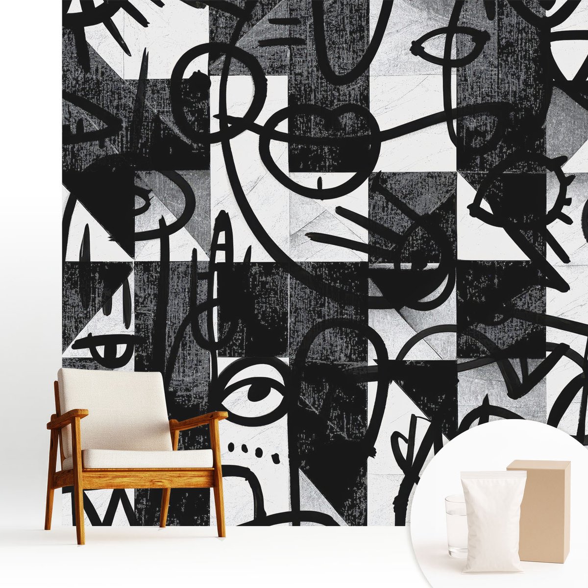 Wallfluent Fotobehang - Zwart Vliesbehang - 250x250 cm - Chaos Tekenen Muurschildering - Slaapkamer behang Abstractie - Fotobehang Vlies - Slaapkamer behang