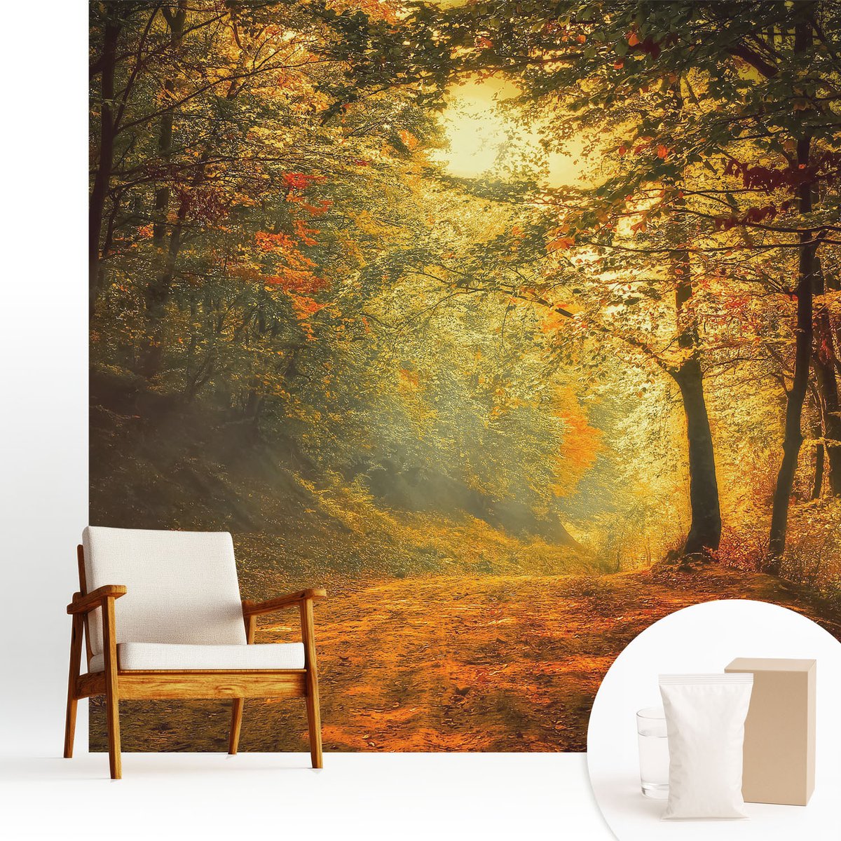 Wallfluent Fotobehang - Geel Vliesbehang - 250x250 cm - Herfstlandschap Muurschildering - Slaapkamer behang Landschappen - Fotobehang Vlies - Slaapkamer behang