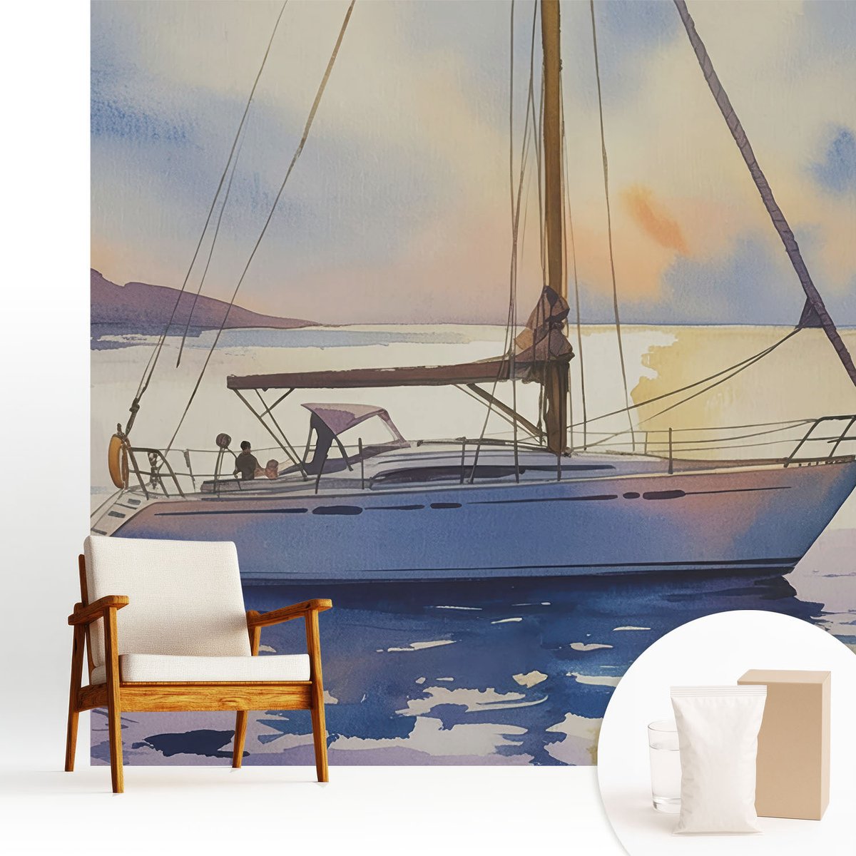 Wallfluent Fotobehang - Blauw Vliesbehang - 250x250 cm - Zeilboot West Fotobehang Vlies - Woonkamer behang Landschappen - Muurschildering - Woonkamer behang
