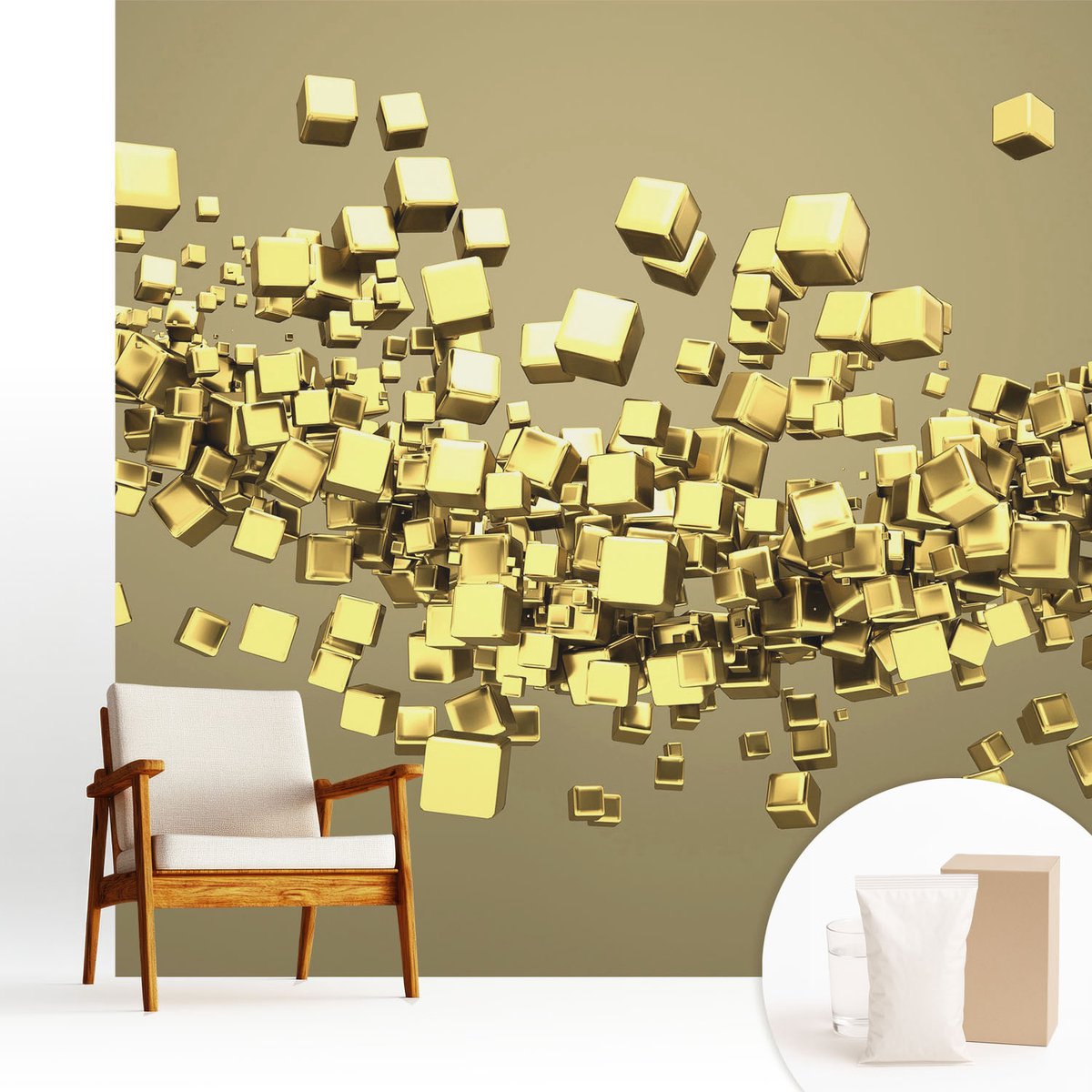 Wallfluent Fotobehang - Geel Vliesbehang - 250x250 cm - Creatieve Kubussen Fotobehang Vlies - Hal behang Abstractie - Muurschildering - Woonkamer behang