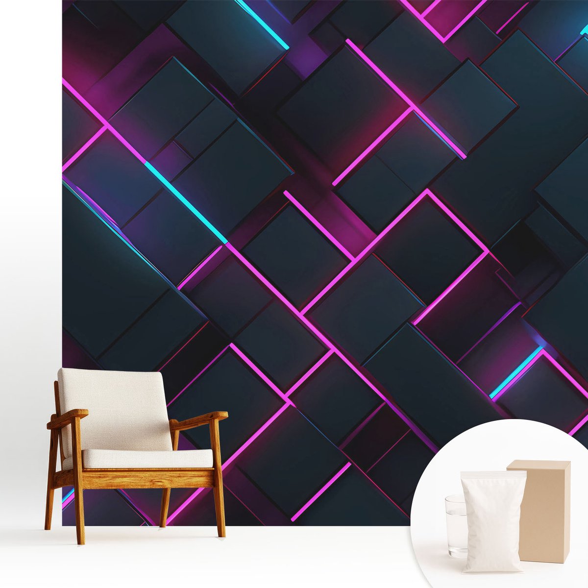 Wallfluent Fotobehang - Marine Vliesbehang - 250x250 cm - Neon Geometrie Fotobehang Vlies - Hal behang Abstractie - Muurschildering - Hal behang