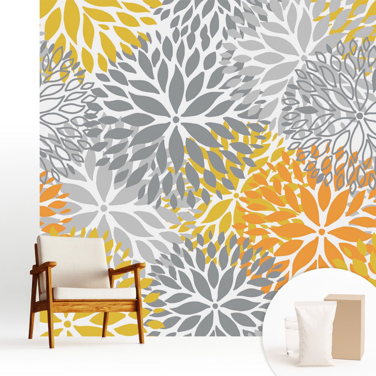 Wallfluent Fotobehang - Grijs Vliesbehang - 250x250 cm - Bloemenergie Fotobehang Vlies - Woonkamer behang Bloemen En Planten - Muurschildering - Woonkamer behang