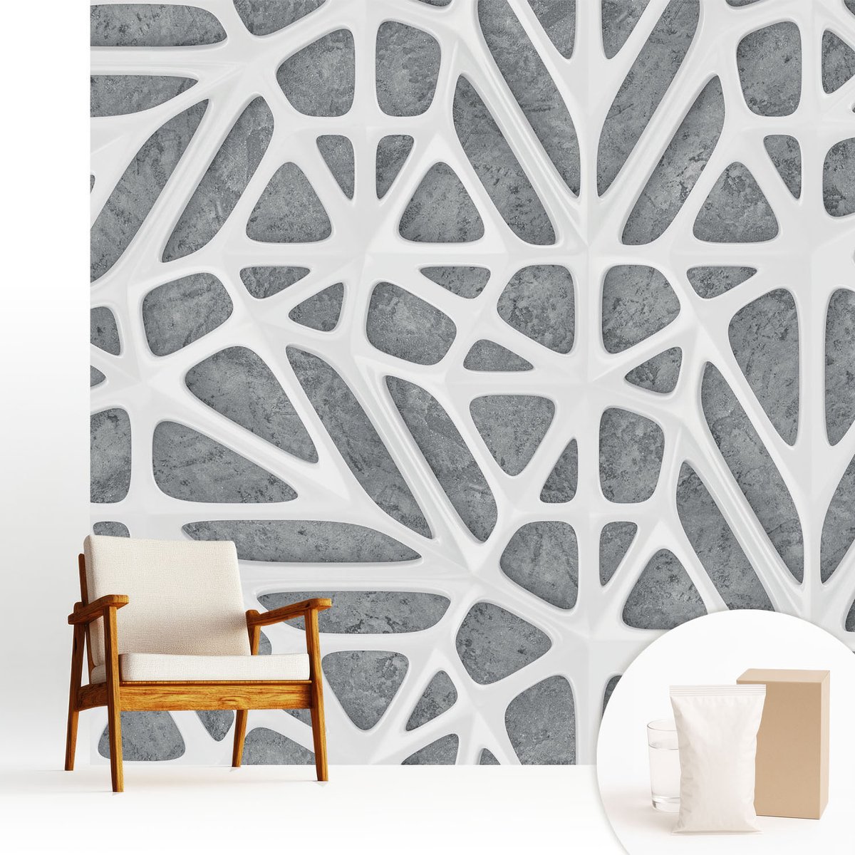 Wallfluent Fotobehang - Wit Vliesbehang - 250x250 cm - Geometrisch Netwerk Fotobehang Vlies - Hal behang Texturen - Muurschildering - Woonkamer behang
