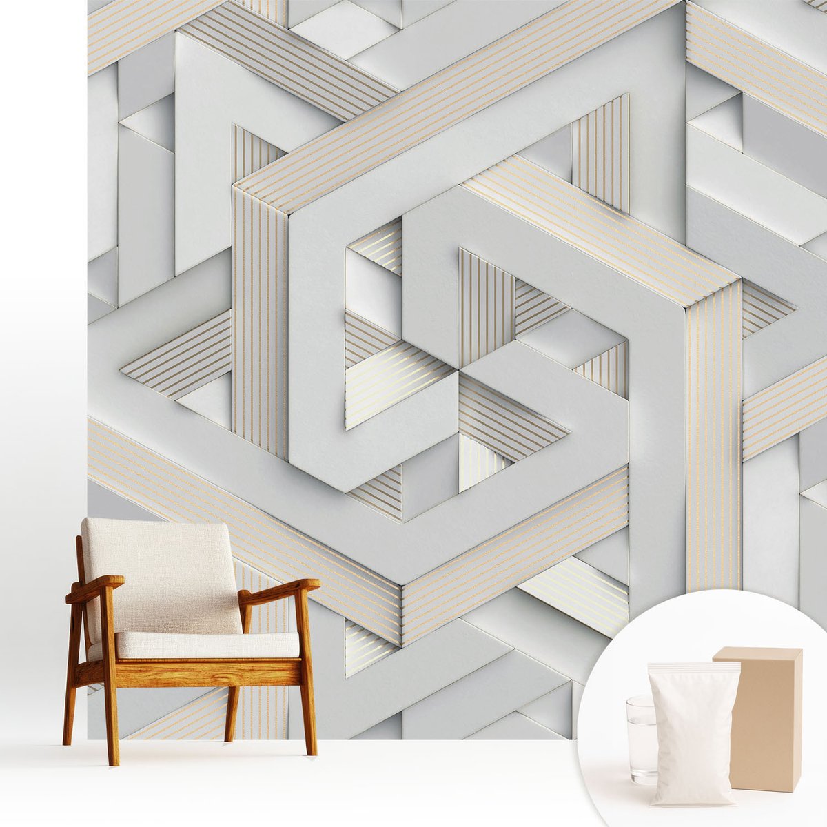 Wallfluent Fotobehang - Wit Vliesbehang - 250x250 cm - Illusoire Vormen Fotobehang Vlies - Hal behang Geometrie - Muurschildering - Woonkamer behang