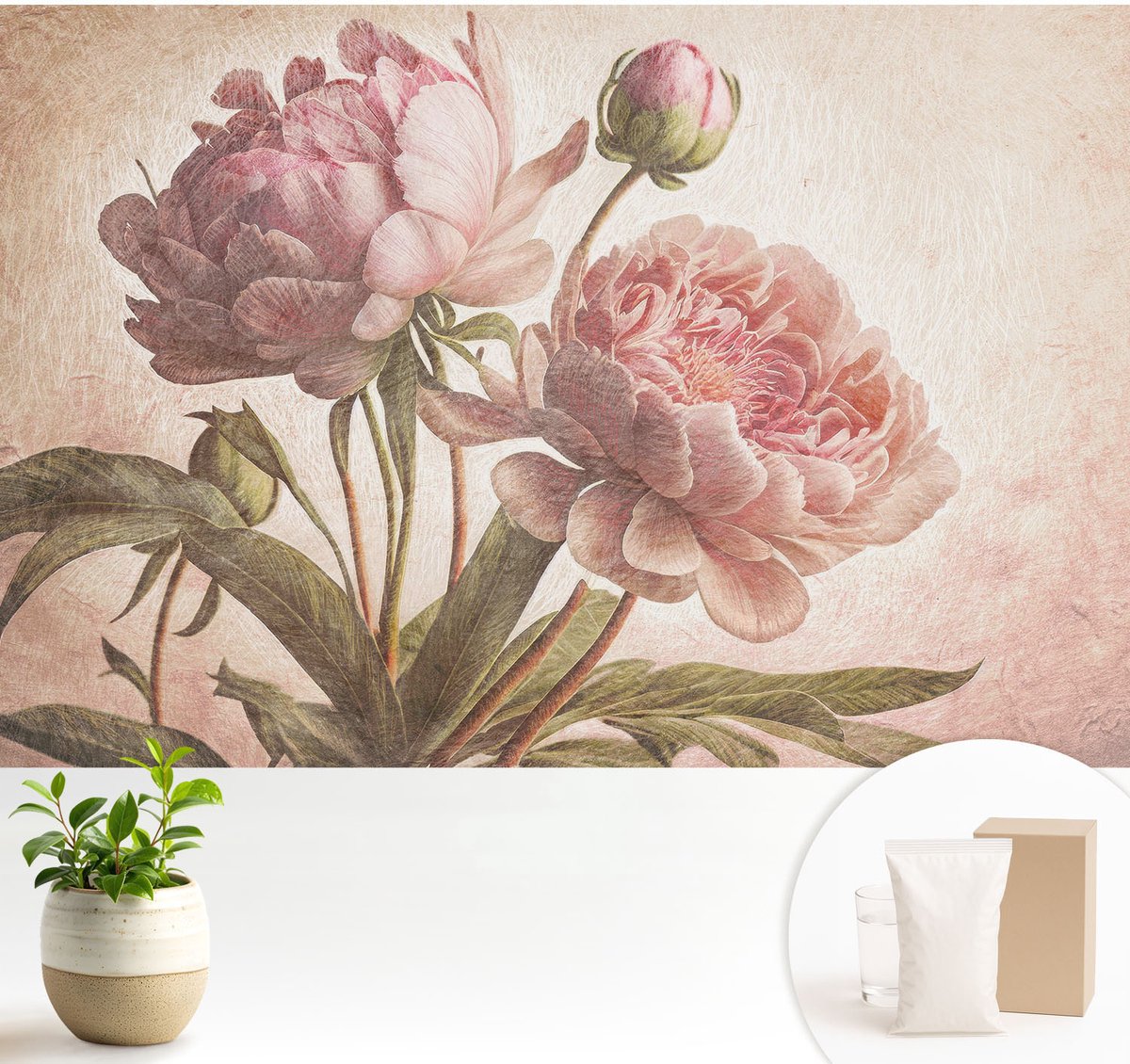 Wallfluent Fotobehang - Roze Vliesbehang - 104x70 cm - Delicate Pioenrozen Fotobehang Vlies - Hal behang Bloemen En Planten - Muurschildering - Woonkamer behang