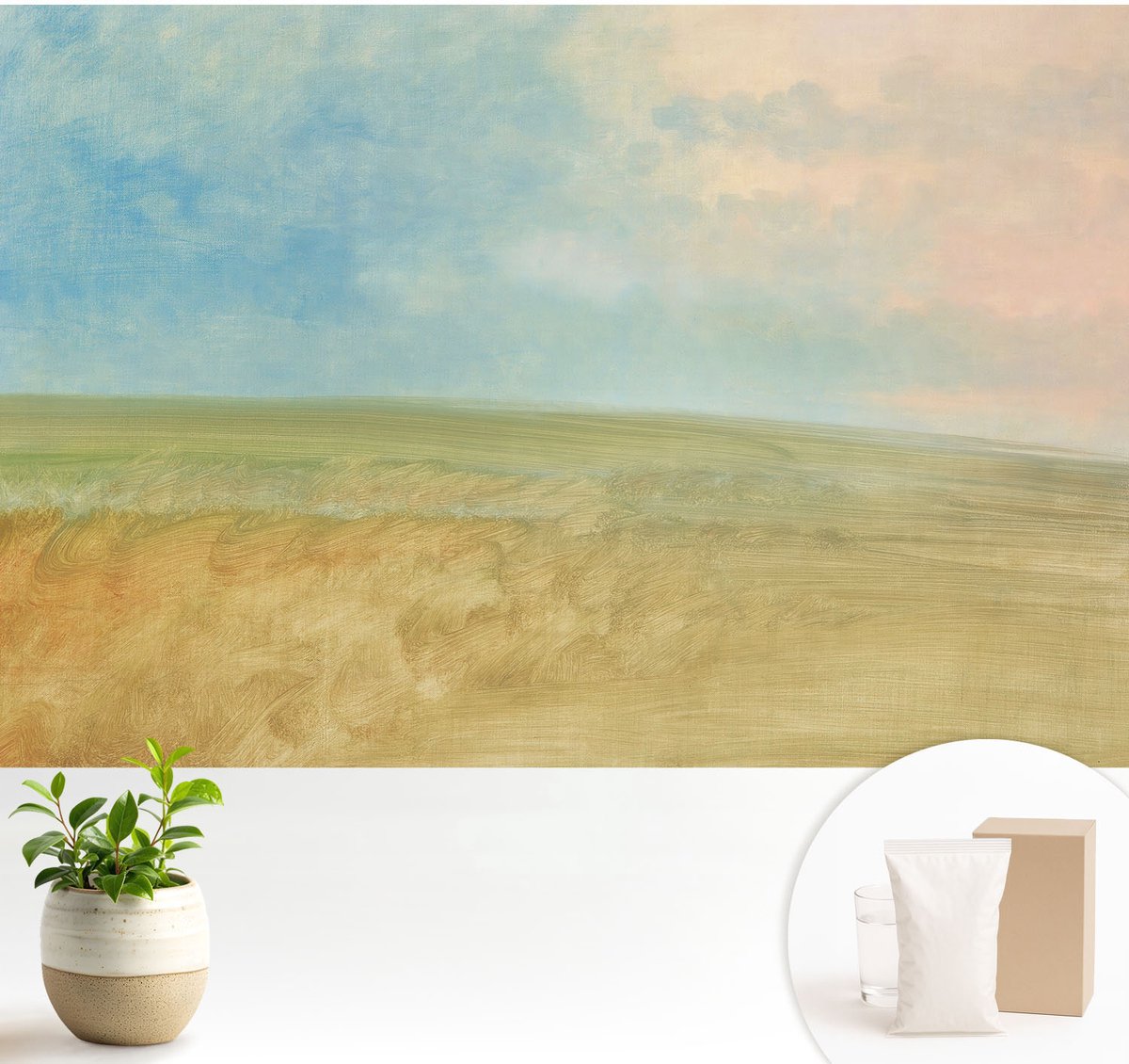 Wallfluent Fotobehang - Blauw Vliesbehang - 104x70 cm - Pastelkleurige Velden Fotobehang Vlies - Woonkamer behang Landschappen - Muurschildering - Woonkamer behang