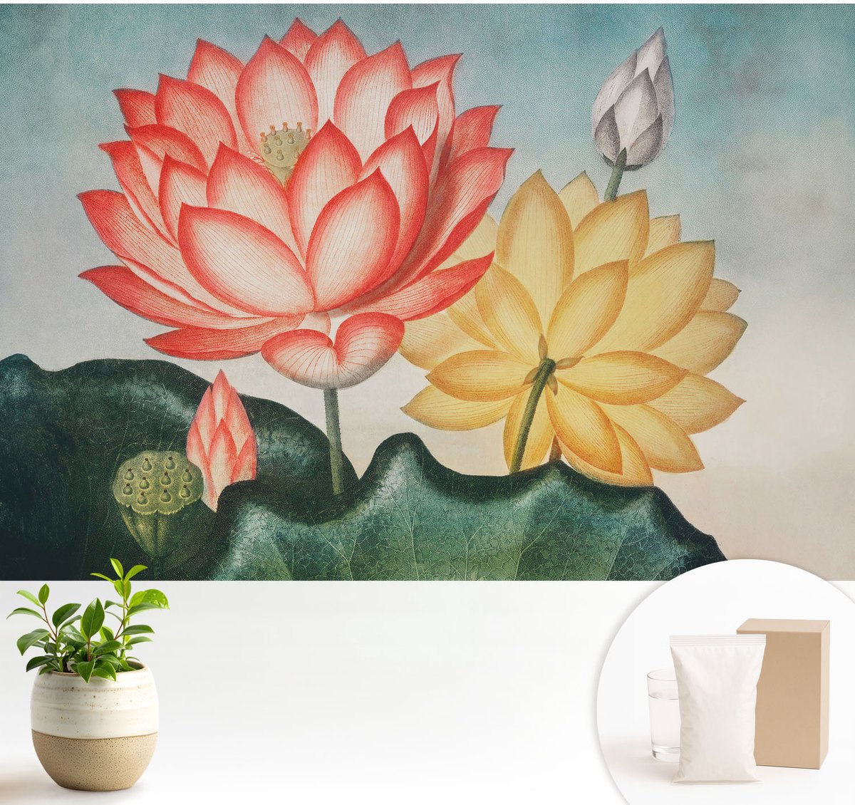 Wallfluent Fotobehang - Rood Vliesbehang - 104x70 cm - Lotusbloemen Muurschildering - Gang behang Bloemen En Planten - Fotobehang Vlies - Gang behang