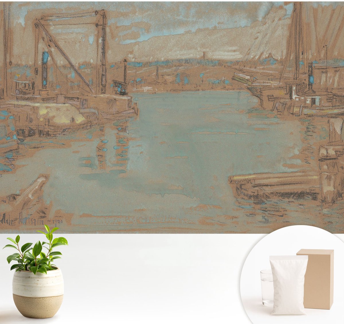Wallfluent Fotobehang - Bruin Vliesbehang - 104x70 cm - Uitzicht Vanuit De Haven Fotobehang Vlies - Woonkamer behang Landschappen - Muurschildering - Woonkamer behang