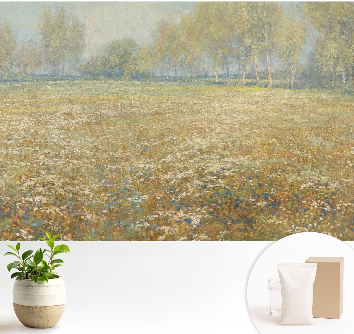 Wallfluent Fotobehang - Groente Vliesbehang - 104x70 cm - Bloeiend Veld Fotobehang Vlies - Hal behang Landschappen - Muurschildering - Woonkamer behang