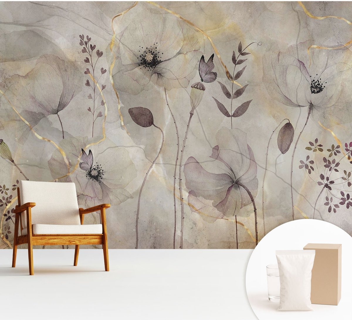 Wallfluent Fotobehang - Grijs Vliesbehang - 312x219 cm - Tere Bloemen Muurschildering - Slaapkamer behang Bloemen En Planten - Fotobehang Vlies - Gang behang