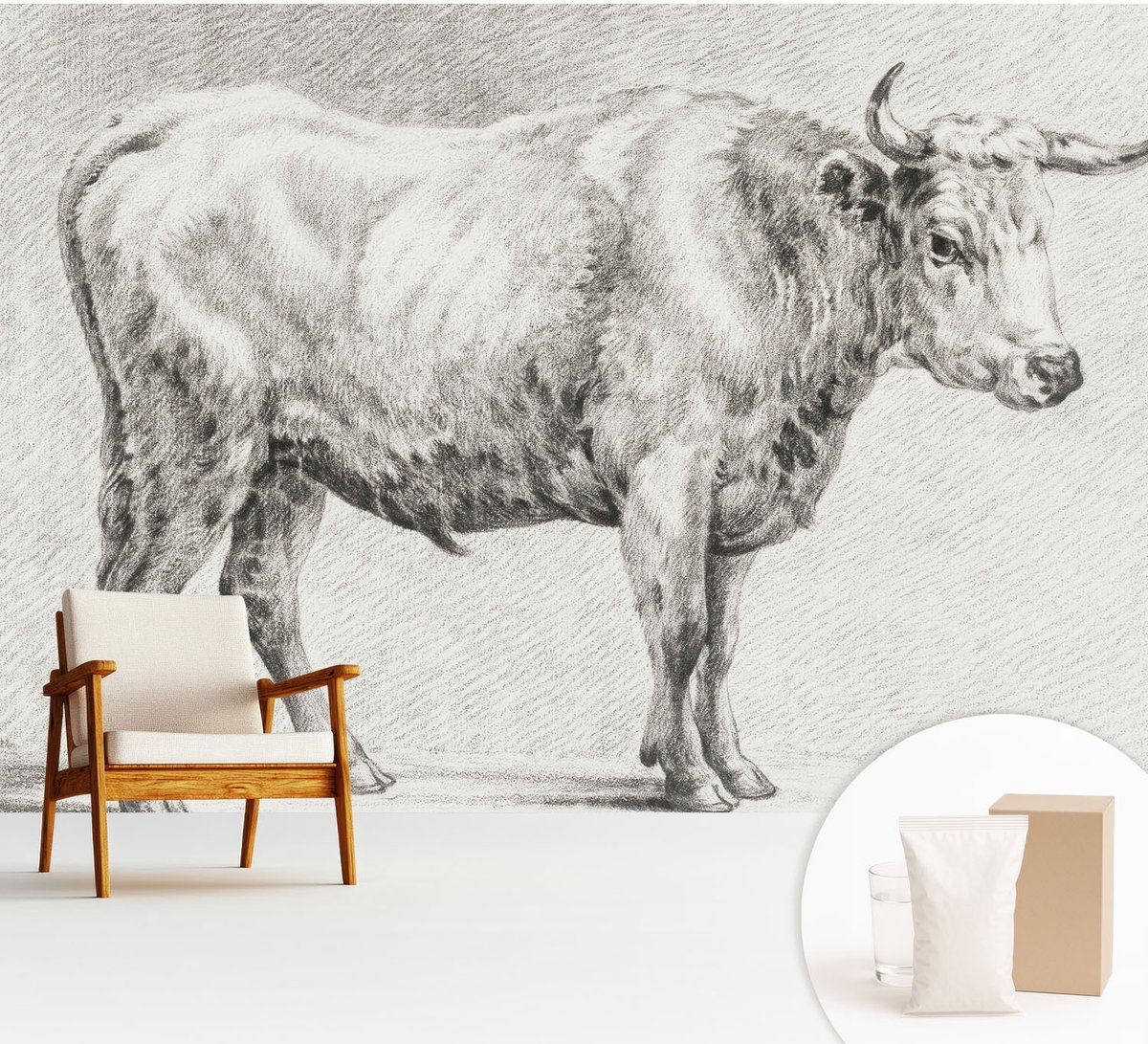 Wallfluent Fotobehang - Grijs Vliesbehang - 312x219 cm - Stierpotlood Fotobehang Vlies - Woonkamer behang Dieren - Muurschildering - Hal behang