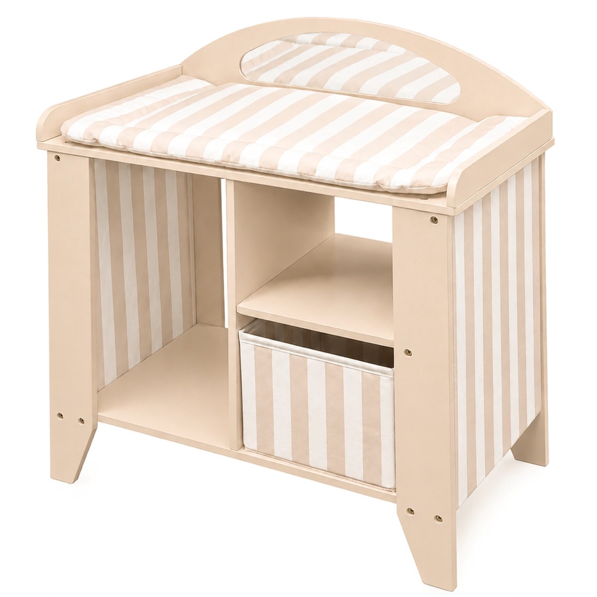 howa Houten Poppen Commode ‘stripes’ met Verschoonmatje, Mand en Kleerhanger – beige / wit 27403