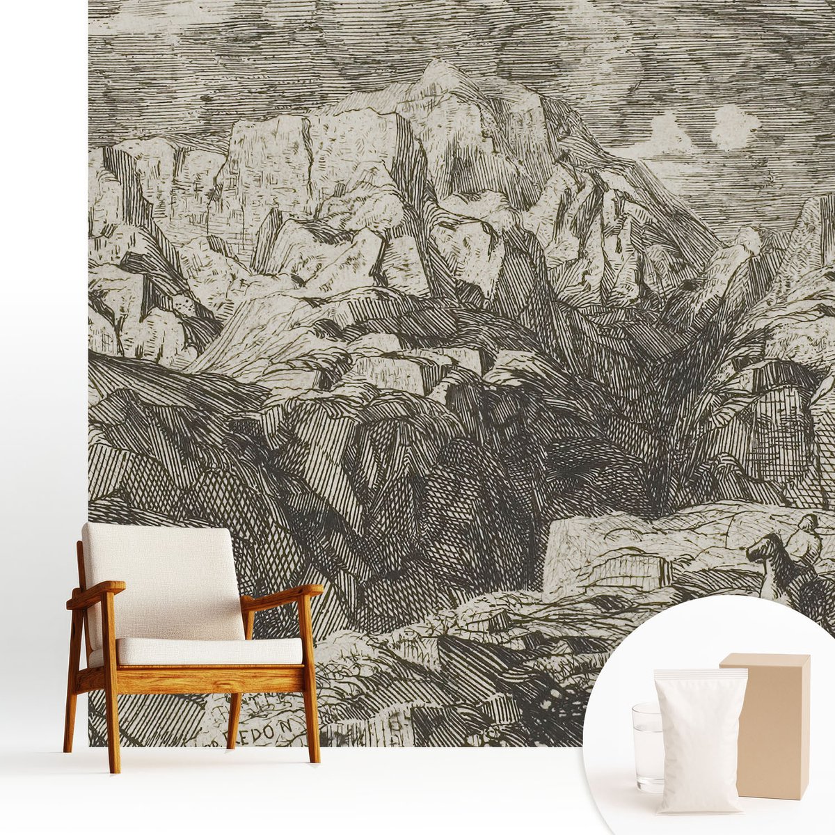 Wallfluent Fotobehang - Grijs Vliesbehang - 250x250 cm - Berglandschap Muurschildering - Slaapkamer behang Landschappen - Fotobehang Vlies - Slaapkamer behang