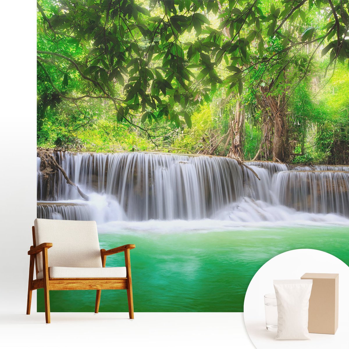 Wallfluent Fotobehang - Groente Vliesbehang - 250x250 cm - Boswaterval Muurschildering - Slaapkamer behang Landschappen - Fotobehang Vlies - Gang behang