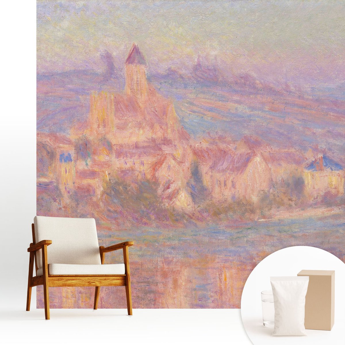 Wallfluent Fotobehang - Paars Vliesbehang - 250x250 cm - Een Charmant Stadje Muurschildering - Gang behang Landschappen - Fotobehang Vlies - Gang behang